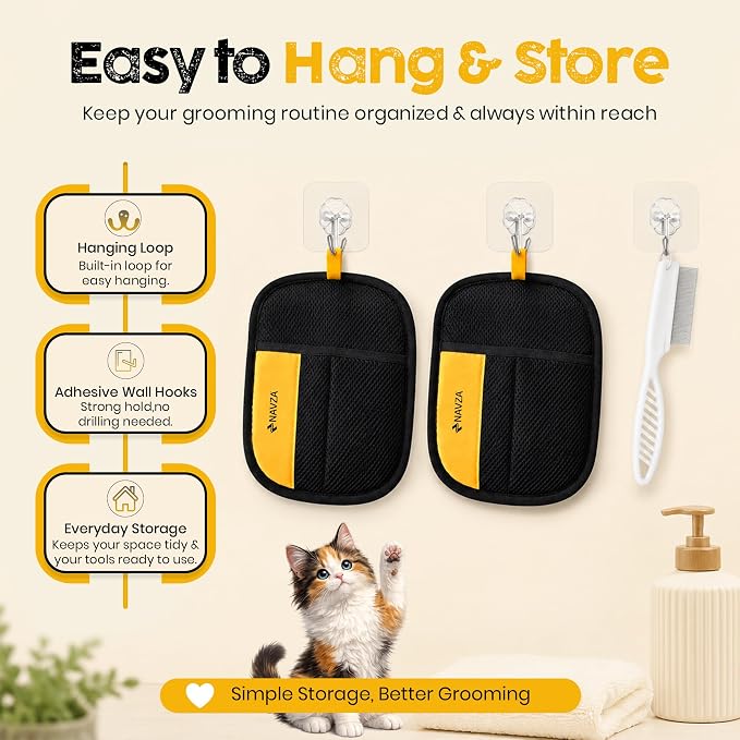 Pet Hair Removal Glove for Dogs & Cats – Reusable Electrostatic Pet Hair Remover Glove Quick Wiping & Washable – 2PCS Magic Brush pet Hair Tool with Comb & 2 Wall Hooks