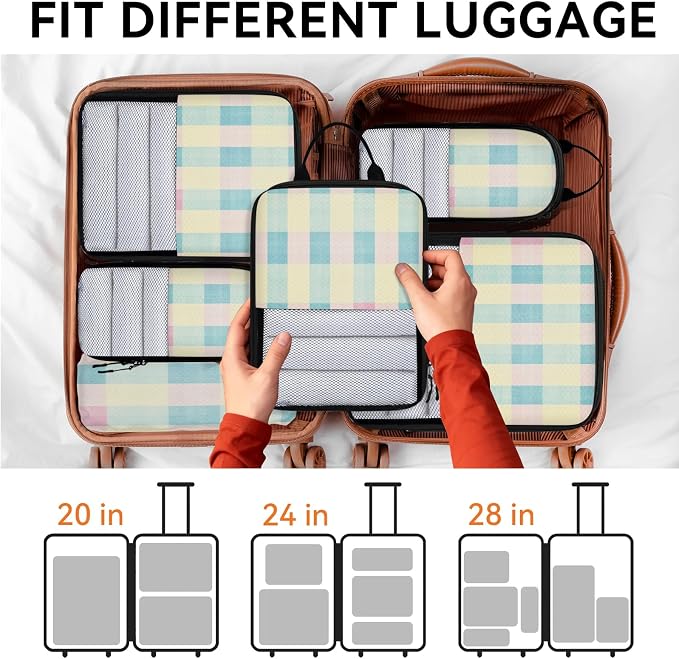 Cute 6 Set Compression Packing Cubes Buffalo Check Plaid Expandable Packing Organizer for Travel Accessories Luggage Suitcase Bag