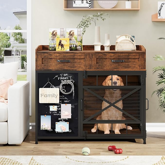 Dog Crate Furniture, 38 Inch Dog Kennel Indoor Furniture with Storage Drawers and Adjustable Foot Pads, Wooden Pet Cage End Table with Rotating Wheels and Blackboard for Small Medium Large Dogs