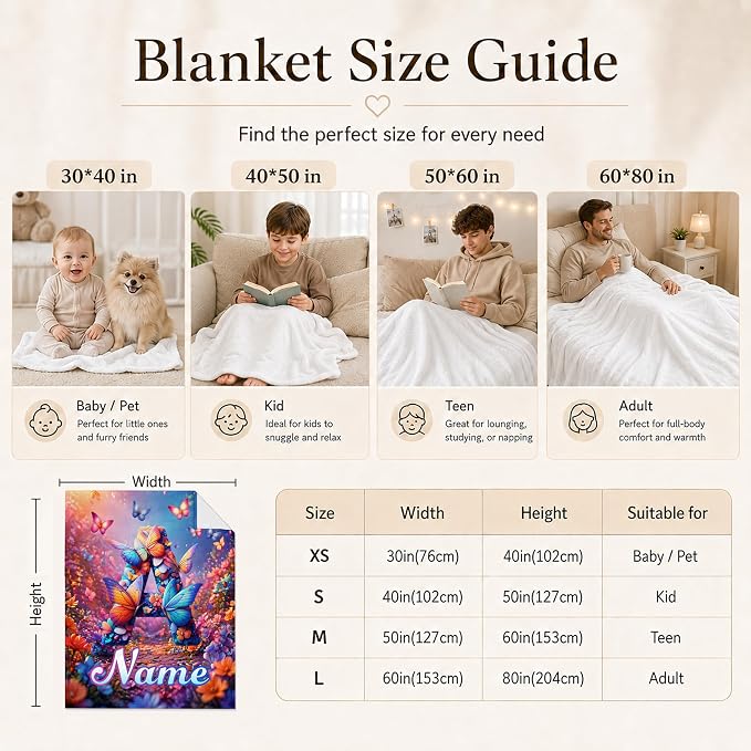 Custom Girls Blanket Kid Gift, Personalized Butterfly Sofa Throws Bed Decor | Monogram Blanket, Fluffy Flannel Throw, Multiple Sizes, Kids Teens Gifts