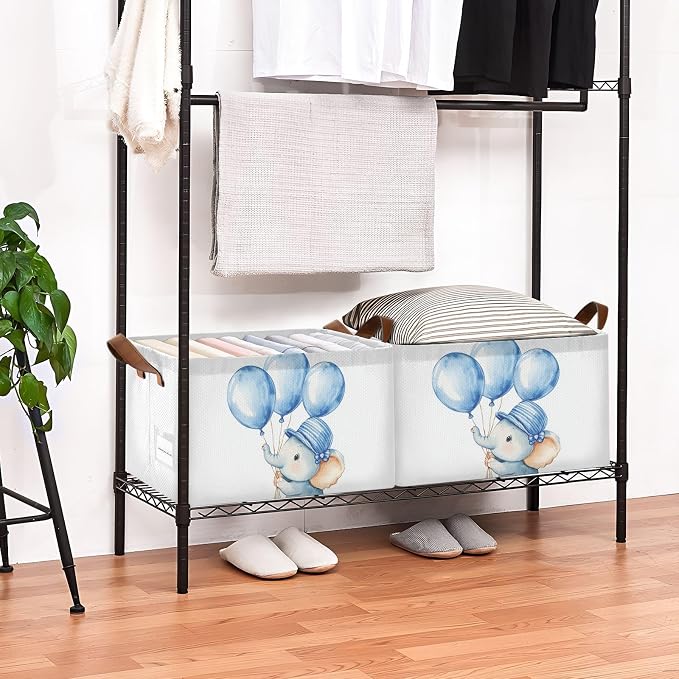 Cute Baby Elephant with Blue Balloon Storage Basket with Labels&Handles Rectangular Waterproof Nursery Storage Bins Collapsible Shelf Organizer Baskets for Kids Books Gift Basket Toys Laundry, 2 PC