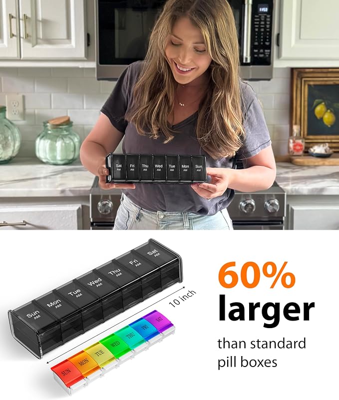 Extra Large Pill Organizer - XXL Vitamin Holder for Weekly Supplements - Double Sided Pill Box 7 Day with Big AM PM Compartments Huge Daily Medicine Dispenser 2 Times a Day Reliable and Easy-to-Use