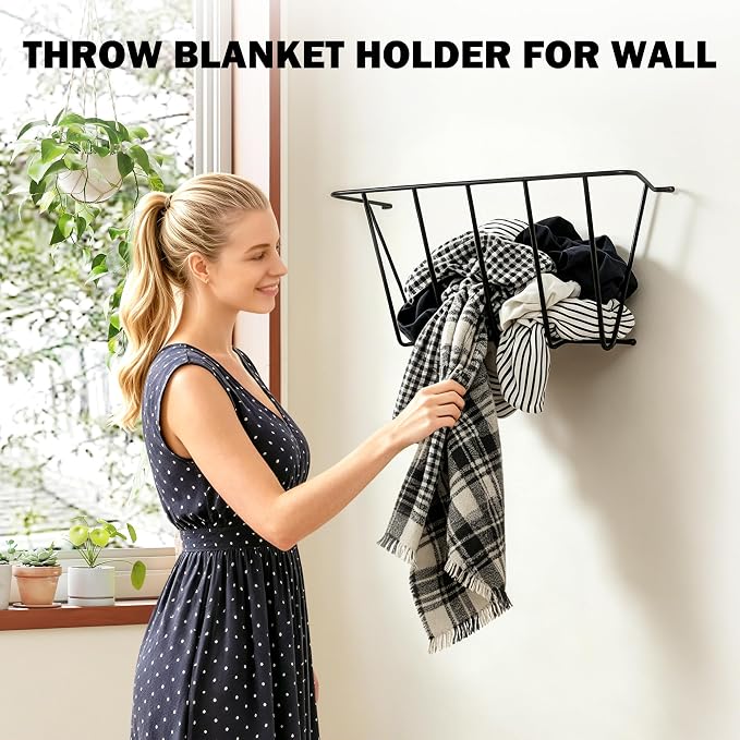Extra-Large Black Metal Wall Mount Rack for Blankets & Towels | Sturdy black metal wall mount rack, 29.5"x21.7"x13.8", holds a lot. Space-saving. Rust-proof, waterproof, safe rounded edges.