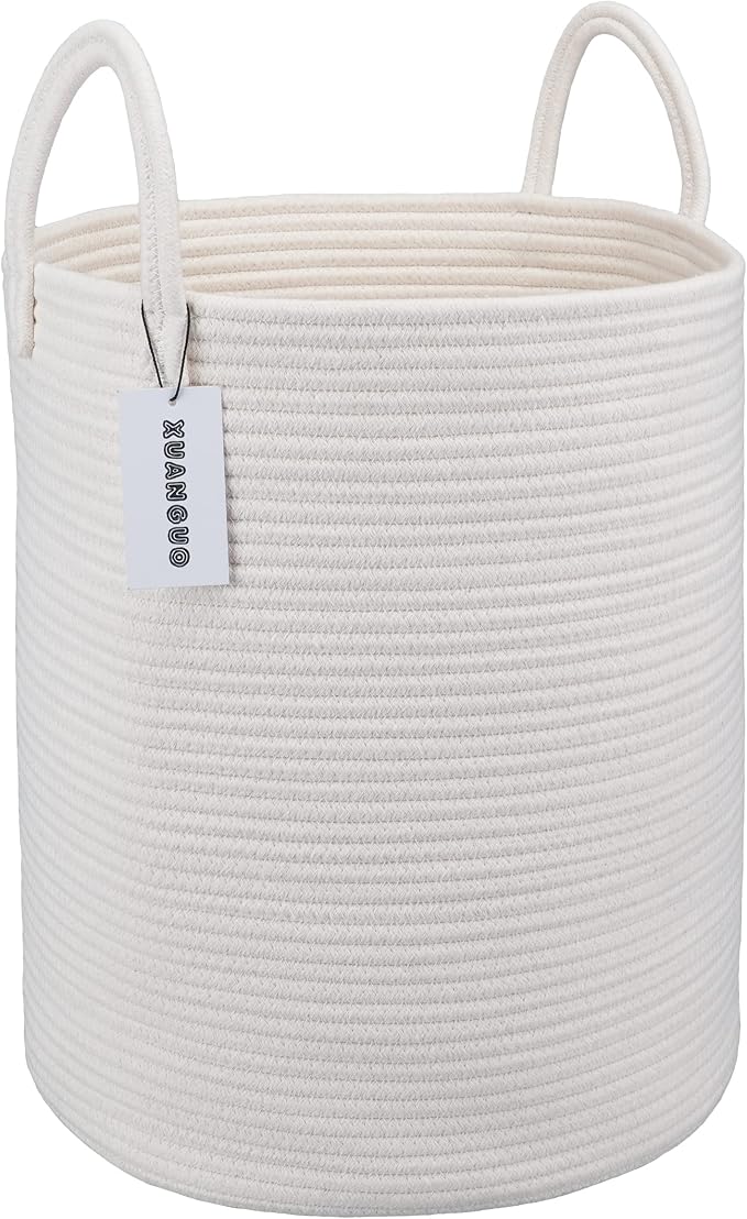 XUANGUO White Cotton Rope Laundry Basket Hamper for Clothes Large | Baby Nursery Hamper Bin Decorative Woven Storage Basket for Living Room Bedroom Boho Tall Rope Baskets for Blanket Toys