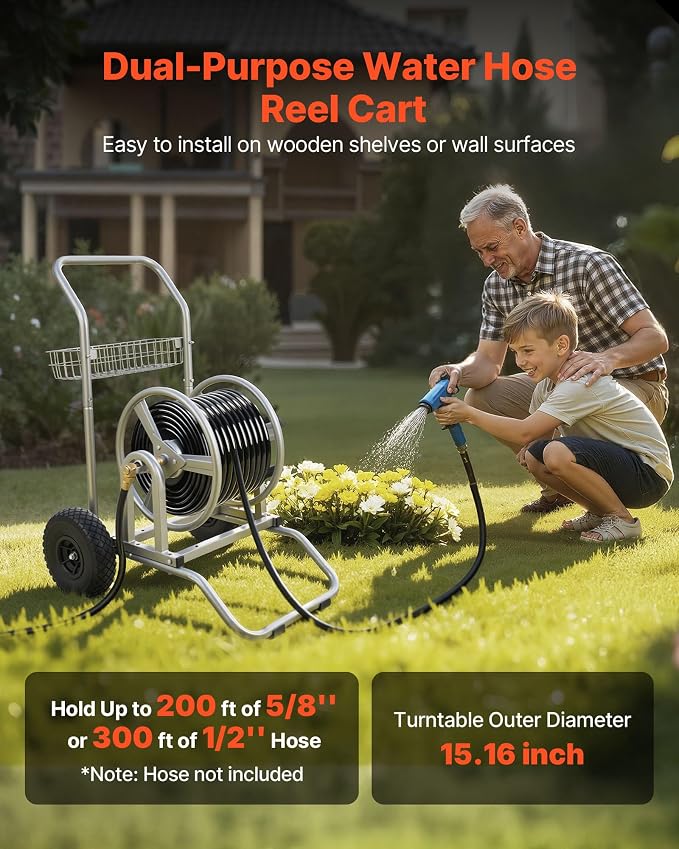 VEVOR Hose Reel Cart, 200/300ft High-Pressure Garden Hose Cart, Hoses Reel Carts with Two Wheels, Handle & Heavy-Duty Mesh Storage Basket, Dual-Purpose Portable Hoses Reels for Garden, Car, Pet