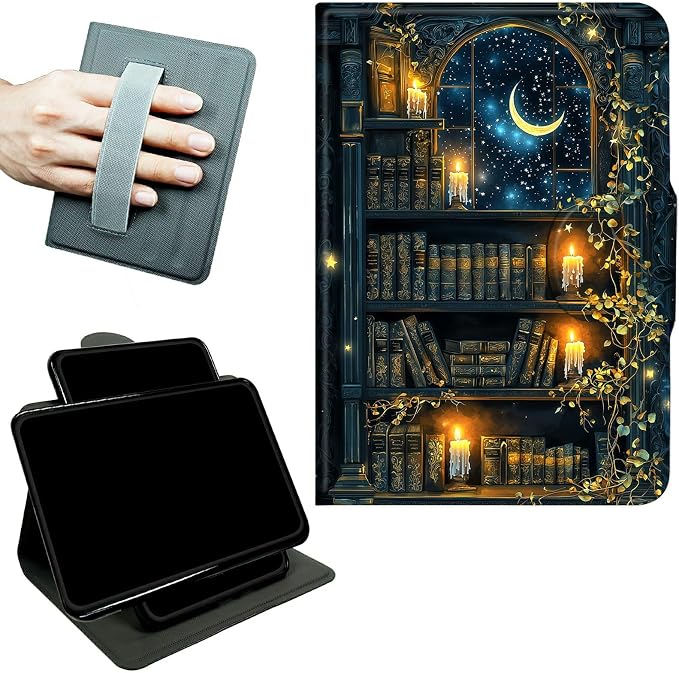 Rotating Handle Case for Samsung Galaxy Tab A7 Lite 2021 8.7", 360 Degree Swivel Kickstand with Magnetic Closure Shockproof Leather Protective Cover for Women Men, Vintage Candle Books