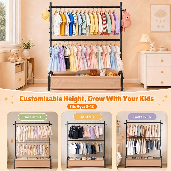 Kids Clothes Rack with Double Rod Height Adjustable Clothing Rack Black | Storage Basket & Hooks, Height Adjustable Kids Clothes Rack, Portable Baby Dress Up Garment Rack for Princess Dresses