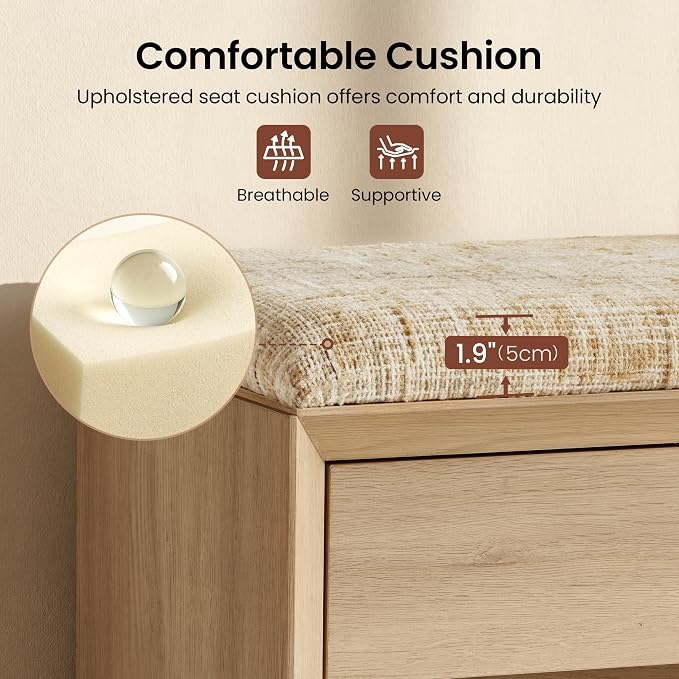 40" Wood Shoe Storage Bench, Modern Entryway Bench with Cushion | 2 Storage Drawers, Wooden Storage Bench for Bedroom End of Bed, Entryway, Mudroom, Closet, Living Room, Natural Wood