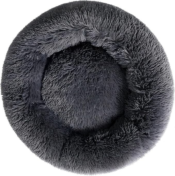 31 inches Calming Dog Bed for Large Dogs,Round Donut Plush Pet Cushion, Machine Washable Anti-Slip Bottom, Dark Gray Fluffy Warm Couch for Dogs Cats Up to 30KG