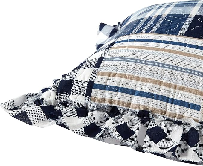 Brilliant Sunshine Multi Blue Plaids & Stripes Ruffle Shams Set, 18"x18" | Patchwork Design with Ruffles, Quilted Pillow Covers, Washable Throw Cushion Cases for Couchs and Beds, Pack of 2
