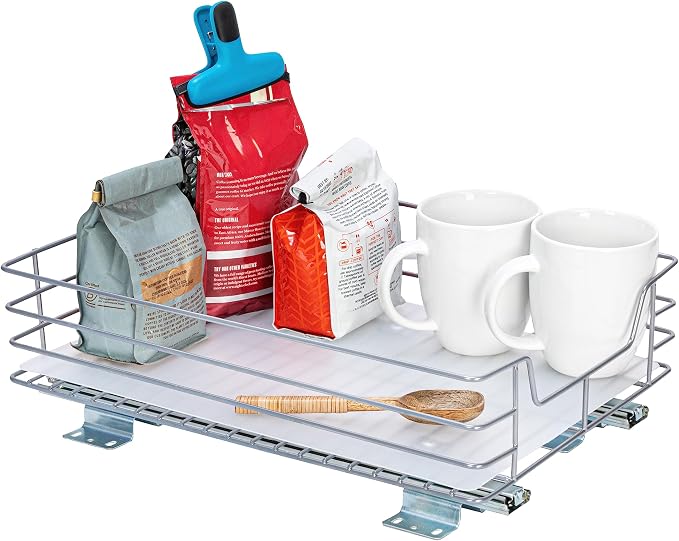 Household Essentials Brushed Steel Pull-Out Pantry Basket with Plastic Liner, Silver