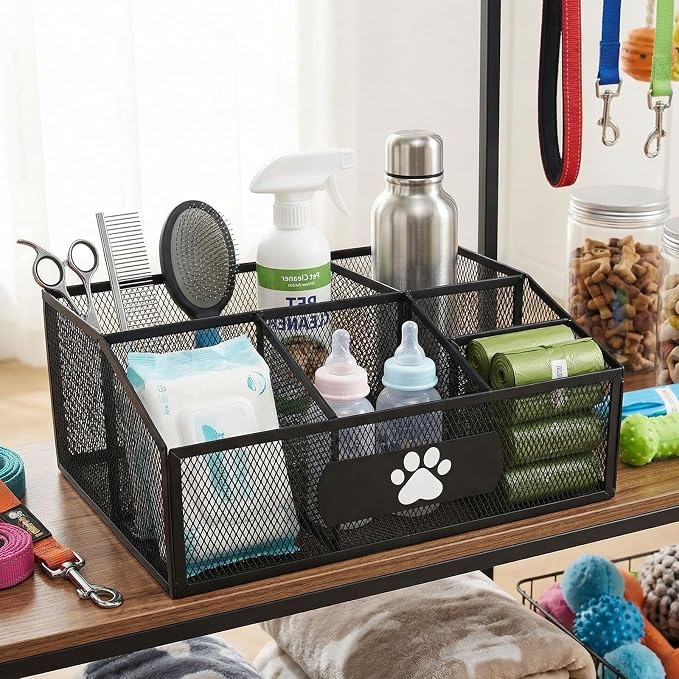 Pet Supplies Organizer Basket, Dog Waste Bag Holder and Grooming Storage Bin for Water Bottles, Nursing Bottles, Cleaning Supplies, Brushes, Combs and Pet Care Accessories