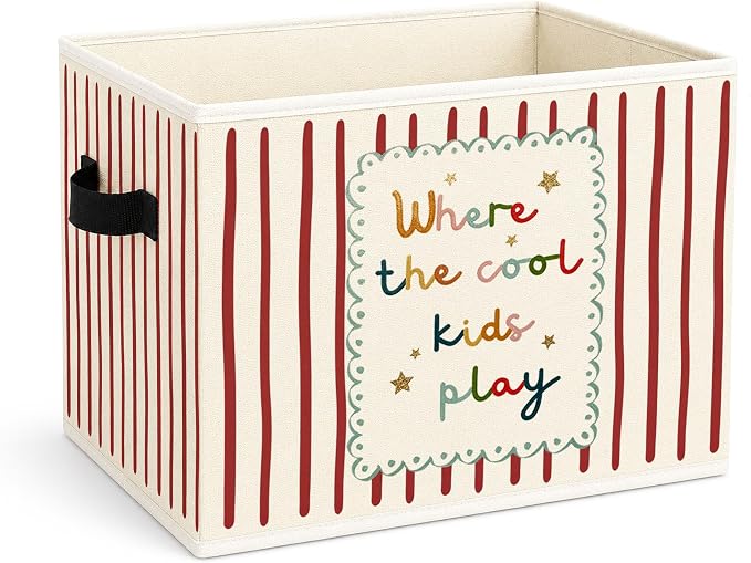 Cool Quote Storage Bin, Red Stripe Foldable Fabric Basket | Red stripe quote fabric organizer for nursery, bedroom, playroom, toys, books, and clothes