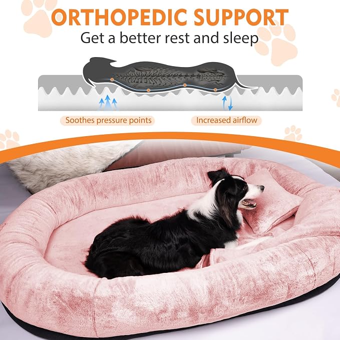 Human Dog Bed,71"x45"x14" Human Size Giant Dog Bed for Adults and Pets,Washable Faux Fur Cover Napping Orthopedic Bean Bag Bed for Humans with Blanket and Pillow,Pink