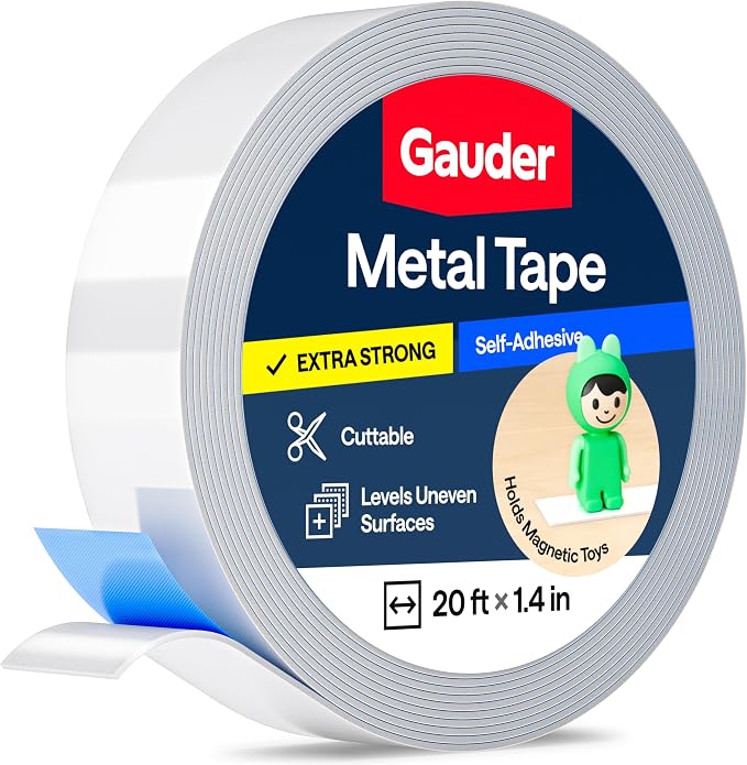 GAUDER Self-Adhesive Metal Tape - Ideal for Tonie Figures & Shelves - Holding Surface for Magnets - Ferrous Tape with Foam Adhesive - Thin Metal Steel Strip (20 ft x 1.4 in)