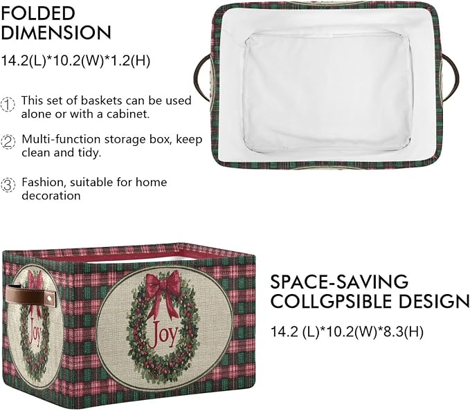 Christmas Joy Wreath Bow Knot Storage Basket with Waterproof Liner and PU Handles Winter Poinsettia Buffalo Plaid Storage Bins Boxes 14.2" Collapsible Decorative Baskets for Bedroom Office 1 Pack