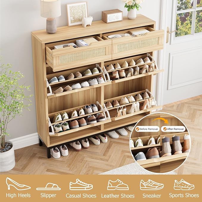 Jocoevol Rattan Shoe Cabinet for Entryway with 4 Flip Drawers and 2 Drawers, Narrow Freestanding Shoe Storage Cabinet with Metal Legs for Entryway/Hallway/Foyer