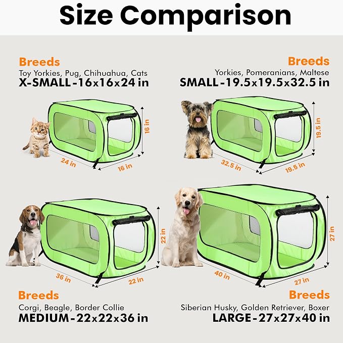 Portable Collapsible Pop Up Kennel, 40" L x 27" W x 27" H, Green | Collapsible indoor/outdoor travel cat and dog crate with mesh screen windows pops up and folds flat for easy storage