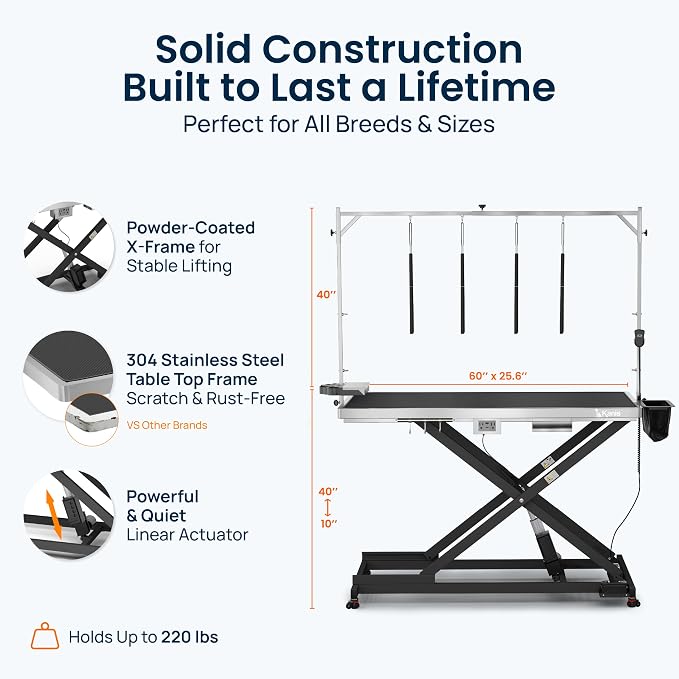Professional Electric Dog Grooming Table - Heavy Duty | Height Adjustable Pet Grooming Table w/Leveling Wheels, Dog Grooming Arm, Anti-Slip Tabletop & Tool Organizer (Black, 60")