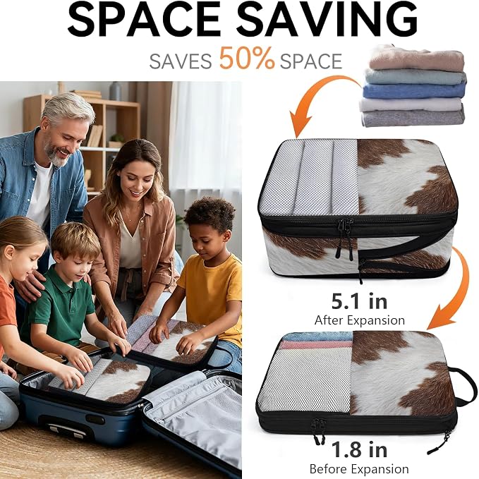 Cow Print 6 Set Compression Packing Cubes Farmhouse Cow Expandable Packing Organizer for Travel Accessories Luggage Suitcase Bag
