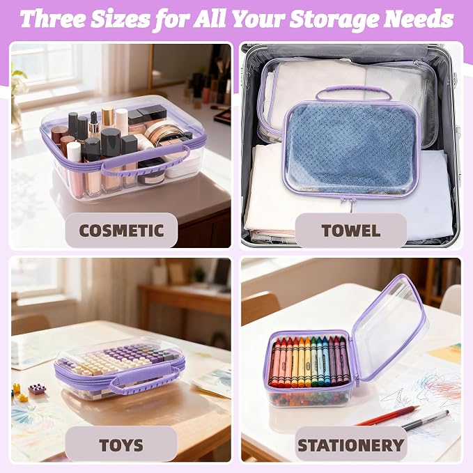 3 Pack Deep Clear Hard Shell Zipper Cases with Handle (Purple) | Travel Toiletry Bag, Waterproof 1.2mm PET Hard Plastic Pouches, Organizer Box for Makeup, Toy, Snack, Stationery, Diaper