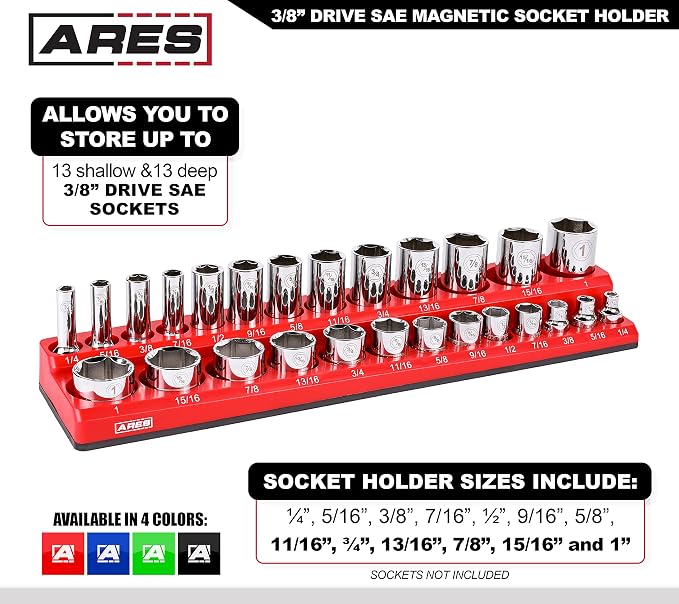 ARES 70234 26-Piece 3/8-Inch SAE Magnetic Socket Organizer | Holds 13 Standard Size and 13 Deep Size Sockets; Keep Your Tool Box Organized