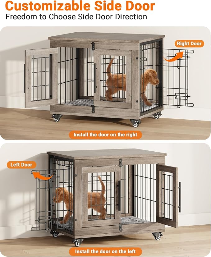 YaFiti Dog Crate Furniture, 27.2" Wooden Indoor Dog Kennel, Grey | for Small Dogs, Up to 30 lb, Cushion, Wheels, Double Doors, Furniture Style, Side End Table, Decorative Pet Cage House