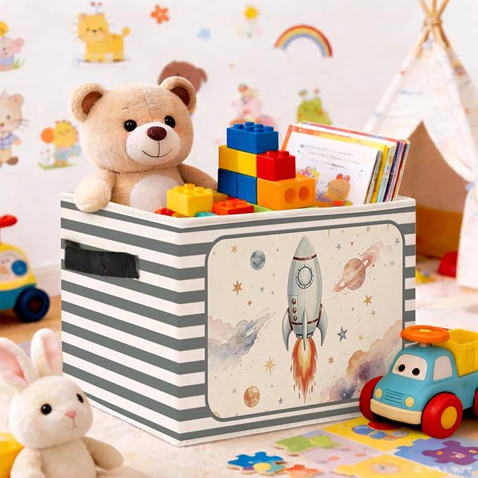 Rocket Storage Bin, Space Rocket Blue Gray Stripe Fabric Basket | Foldable space rocket fabric organizer for nursery, bedroom, playroom, toys, books, and clothes