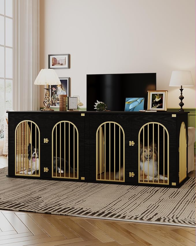 Hzuaneri 86.6" Double Dog Crate Furniture, Dog Kennel Indoor with Cushion | Heavy Duty Dog Crate Furniture for 2 Dogs,Dog Cage End Table TV Stand with Divider for Med-Large Dogs,Black Gold DFC84004AV1