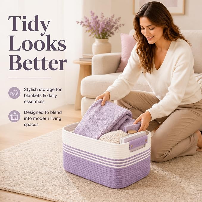 25.4GAL Collapsible Cotton Rope Extra Large Storage Basket For Bedroom Closet, Boho Rectangular Short Hamper Woven Storage Baskets for Living Room Throw Pillows Blankets Dirty Clothes, White Purple