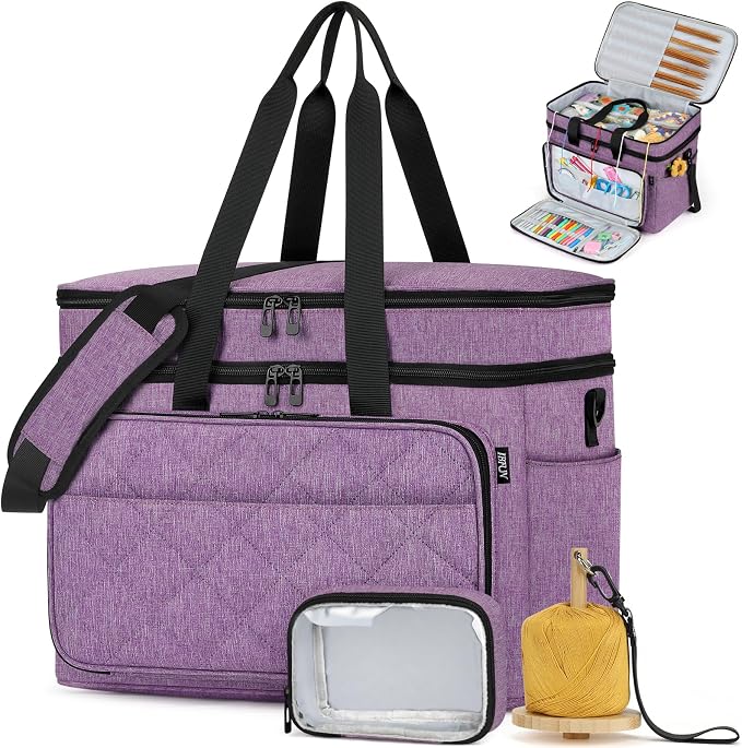 Crochet Organizer Bag with Yarn Holder, Large Yarn Storage for Accessories | 3PCS Crochet Knitting Bag with Accessory Pouch for Hooks, Needles, Travel Tote, Crochet Lovers, Gift for Crafters, No-Tangle