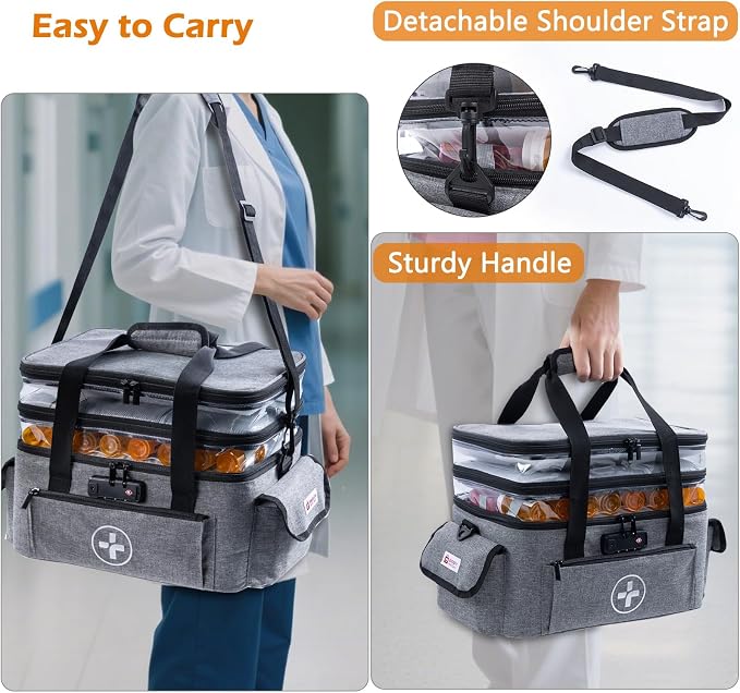 BAGSFY 3-Tier Medicine Organizer with Combination Lock – Large Medicine Bag, Empty First Aid Kit Case, Pill Bottle Medical Supply Organizer, Travel Prescription Bag, Medication Storage Container