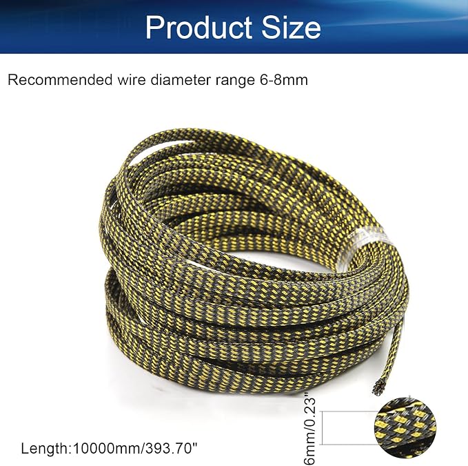 Heyiarbeit 10m/32.8ft PET Expandable Braided Sleeving 1/4-inch Width Flexible Wire Mesh Sleeve for USB Cable Power Cord Audio Video Cable - Protect Cat from Chewing Cords - Black Gold