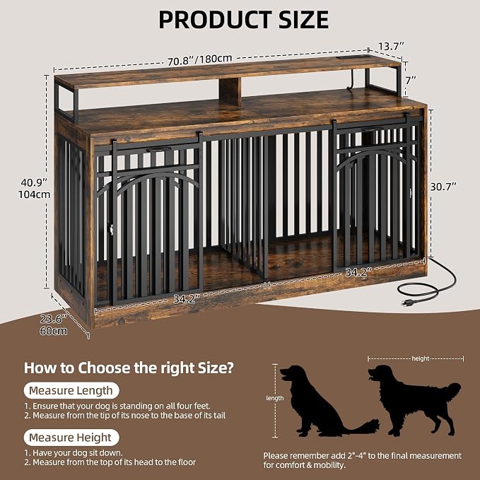 DWVO 71" Double Dog Crate Furniture with Power Outlets & LED Light | Heavy Duty Dog Single/Double Kennel TV Stand with Shelves & Sliding Doors, Wooden Cage Table, Rustic Brown