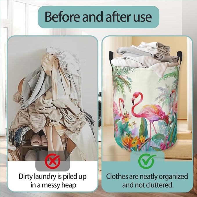 Laundry Basket With Handle, Dirty Clothes Laundry Hamper, Oxford Cloth Bin Storage Organizer for Toy Collection (Palm Tree Flamingo)