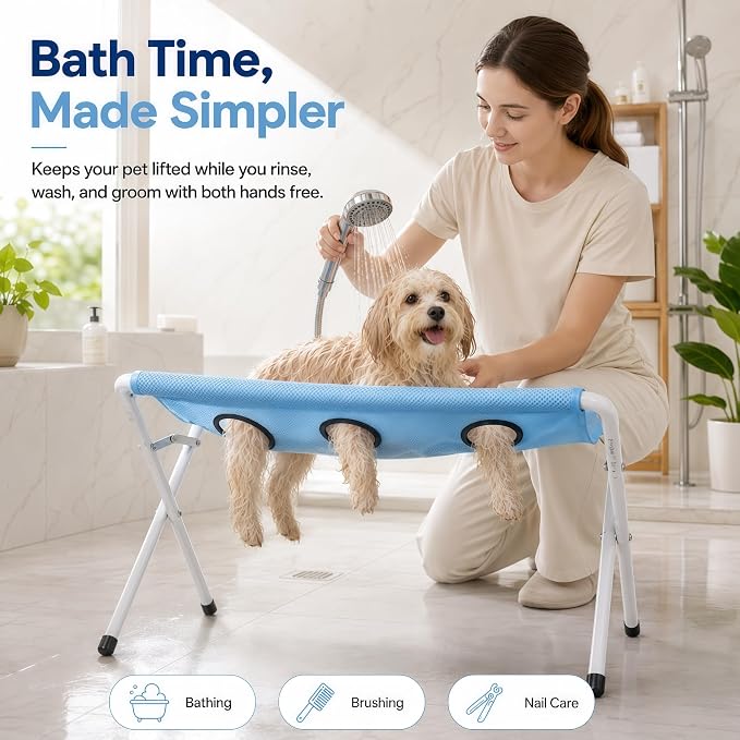 2027 New Portable Foldable Pet Shower Holder, Dog Shower Chair (Gray) | Pet Shower Grooming Hammock with Sling, Breathable Mesh Fabric, Foldable Portable for Grooming, Nail Trimming & Bathing