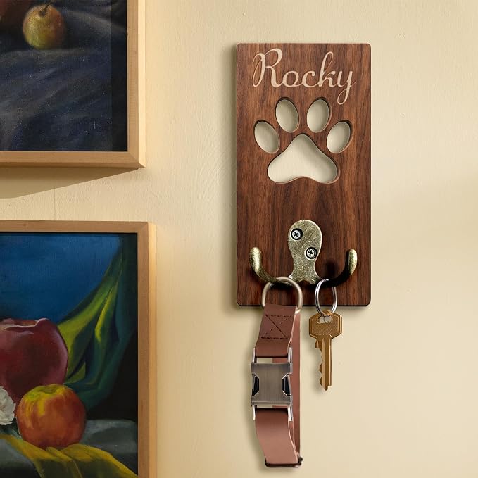 Personalized 2 Pack Dog Leash Holder for Wall Mount, Custom Name Paw Print Wooden Hook, Dog Collar and Harness Organizer, Key and Leash Holder for Entryway, Gift for Dog Lovers