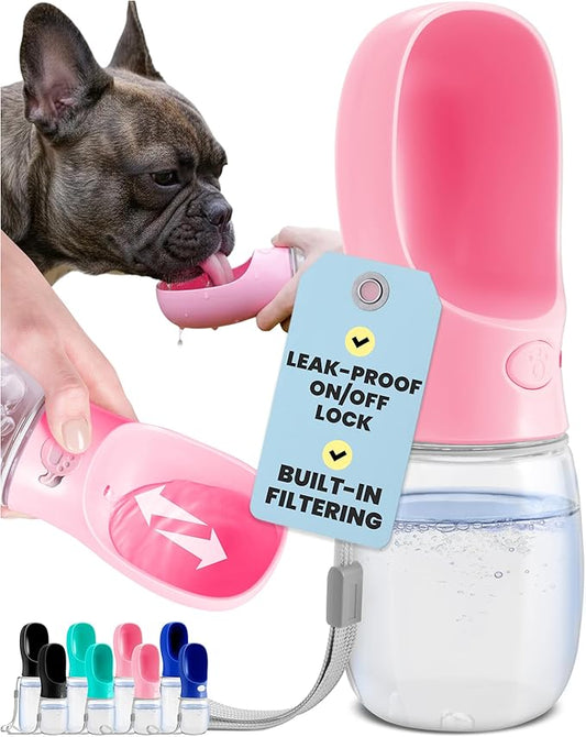MalsiPree On the Go Dog Water Bottle Dispenser - 12 oz Pink - Leak-Proof Lock & One-Hand Operation - Dog Water Bowl - Pet Travel Bottle with Built-in Bowl, Travel Ready BPA-Free Pet Supplies