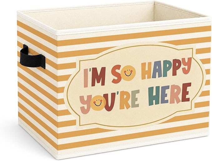 Welcome Storage Bin, Foldable Fabric Basket for Kids Room Classroom | Foldable fabric storage bin with welcome quote design for toys, books, clothes, nursery, classroom, and playroom use.