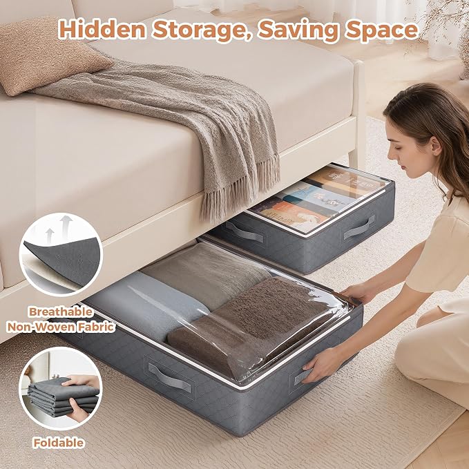 95L Under Bed Storage Containers, 6 Pack Storage Bins, Grey | Foldable underbed storage bins for linen sheets, blanket, clothing, comforter, sweaters, pillows, wrapping paper