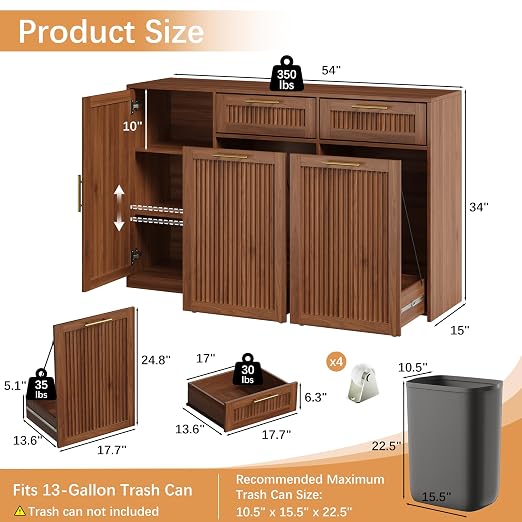2 X 13 Gallons Double Pull Out Trash Can Cabinet with Storage & Drawers | 54"W Kitchen Trash Cabinet with Adjustable Shelf & Drawer, Hidden Garbage Can Cabinet for for Laundry, Living Room