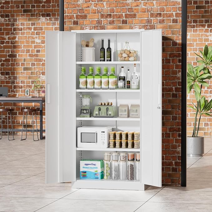 Greenvelly Metal Storage Cabinet, 72" Locking Metal Garage Storage Cabinet with Doors and 4 Adjustable Shelves, White Lockable Steel Cabinet for Home Office, Garage, Shop, School (32" W x 16" D)