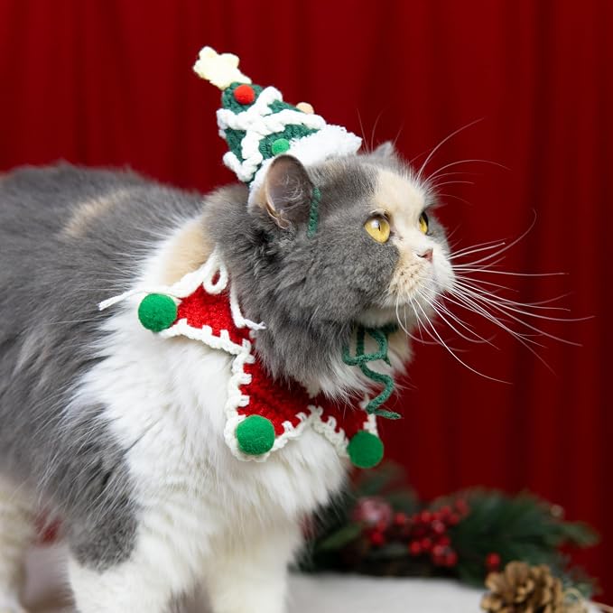 Christmas Cat Costume,Handmade Dog Outfit with Christmas Tree Cat Hat,Knitted Dog Costume,Adjustable Fit Five-Pointed Star Clothes, for Dogs,Rabbits