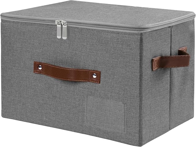 ANMINY Storage Box Fabric Bins with Zipper Lid, 15"x10"x10" Gray | Keepsake Box, Decorative, Cotton Linen, Reinforced PP Board Frame, Washable, Stackable & Foldable, Label Holder & PU Handles