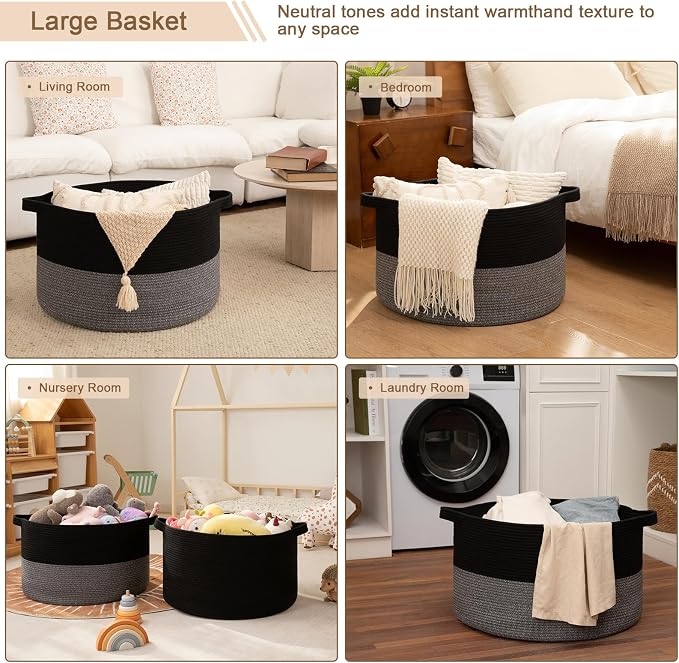 OIAHOMY 90L XXXLarge Blanket Basket for Living Room, 21.7" x 13.8" Woven Cotton Rope Laundry Basket for Organizing Pillows, Decorative Stuffed Animal Toy Storage for Nursery, Black and Grey