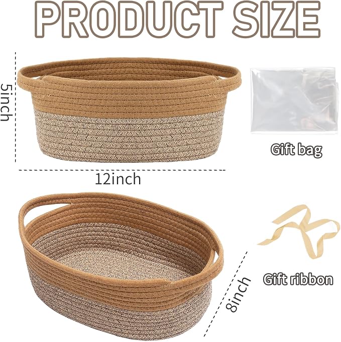 JMvicyroam Small Woven Basket, Empty Gift Basket, Jute&Brown/1 Pack | Small Gift Basket, Cotton Rope, 12 x 8 x 75 in, Handles, Includes Ribbon and Bag, Birthday Gift Basket