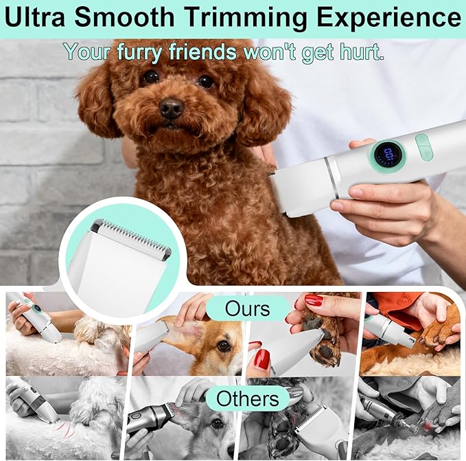 TBTeek Dog Clippers with LED Light, Cordless Dog Grooming Kit 5 in 1, Rechargeable Quiet Pet Clippers Paw Trimmer Nail Grinder for Body Face Ears Paw Nail