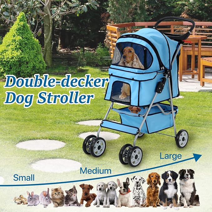 HHS 4 Wheels Pet Dog Stroller Foldable Pet Jogger Travel Carrier Cart W/Cup Holders Removable Liner Storage Basket for Small Medium Cats/Dogs, Blue, 17.5inches(L) x 33inches(W) x 38.6inches(H)