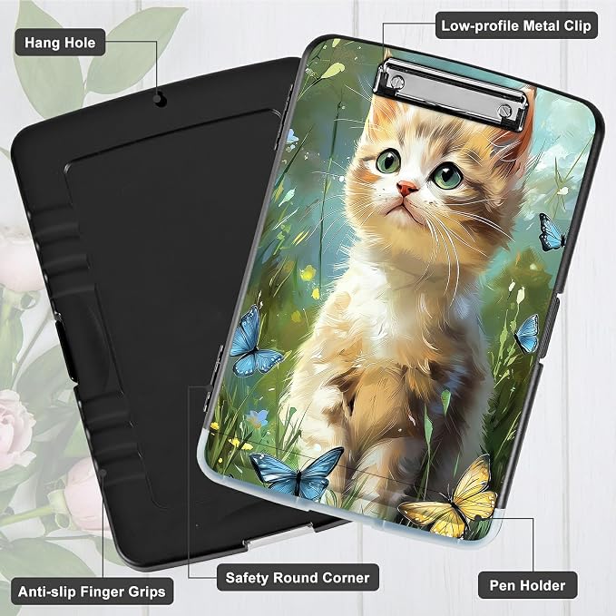 A4 Clipboard with Storage Pen Holder, Clipboards Organizer Nursing Clipboard Foldable File Folder Plastic Clipboard Folio Clip Board for Office Work Classroom Doctor, Lawn Cat Butterfly