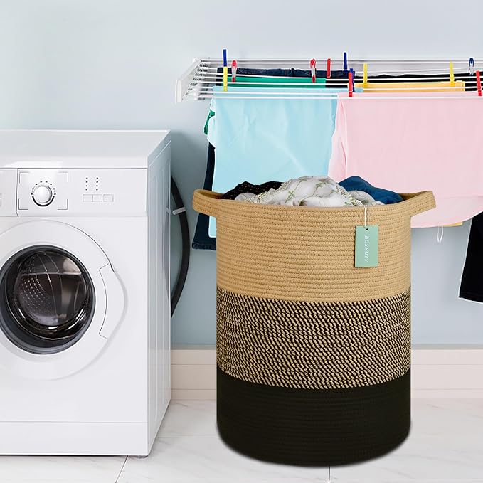Cotton Rope Blanket Basket, 72L Tall Laundry Hamper, Brown & Black